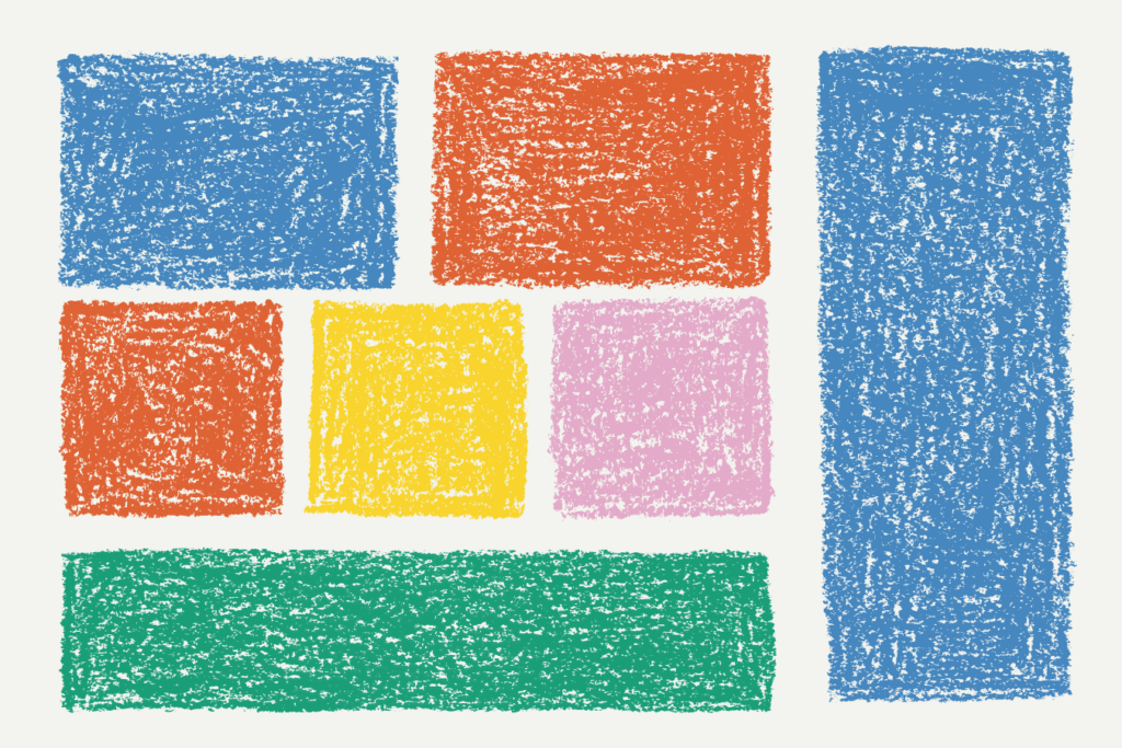 different color shapes drawn with crayons