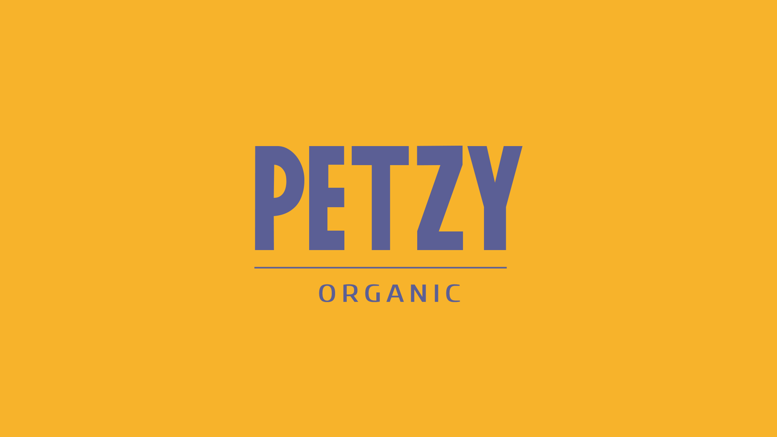 Основното лого Petzy Organic в лилаво върху жълт фон