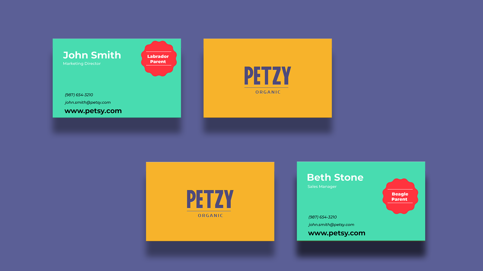 Визитки на Petzy Organic в жълто, тюркоазено и лилаво