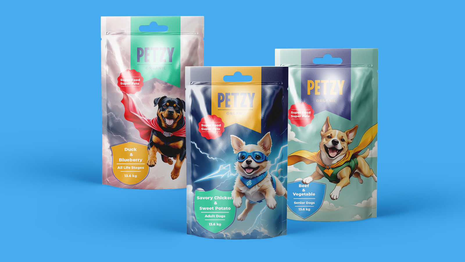 Опаковки на Petzy Organic с илюстрации на кучета супергерои
