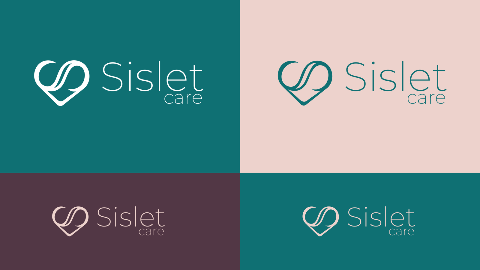 Цветови варианти на логото на SisletCare в тюркоазени, розови и тъмни тонове